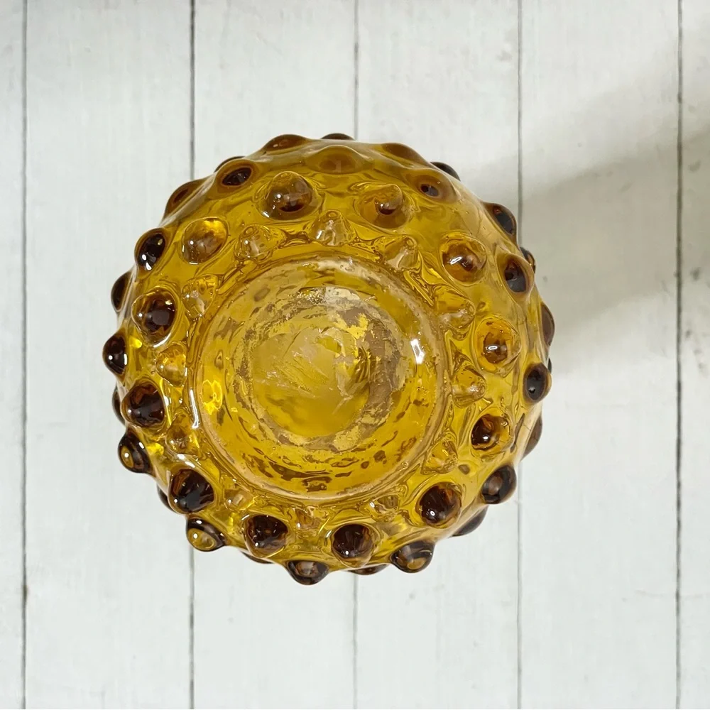 Vintage Honey Amber Marigold Hobnail Glass Ruffle Edged Vase